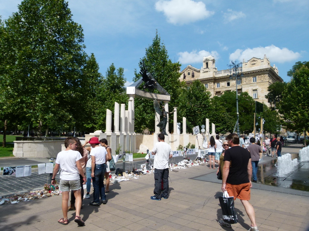 Memorial to the 1944 German occupation of Hungary. Since the government announced its intention to install the monument it has been the object of fierce criticism – and regular demonstrations – from those who say it aims to whitewash the role of the Hungarian state and individuals in the Holocaust, which claimed the lives of hundreds of thousands of Hungarian Jews.