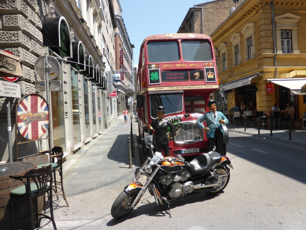 Double decker bus, Lauren and Hardy, with a Harley. Something we didn't expect to see on the streets of Sarajevo.