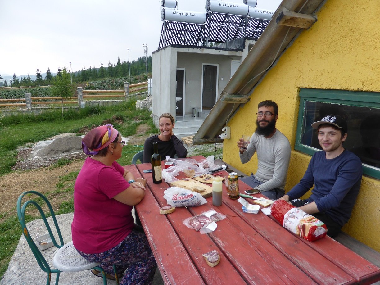 Antonio, Rose and Sebastian with Jenny sharing some wine meats and cheese. Antonio is Spanish and his partner Rose is Dutch, they are traveling by bike from the middle east to Spain. Sebastian is french and is traveling in many ways during his break from studying. We enjoyed their company and we shared many travel stories.