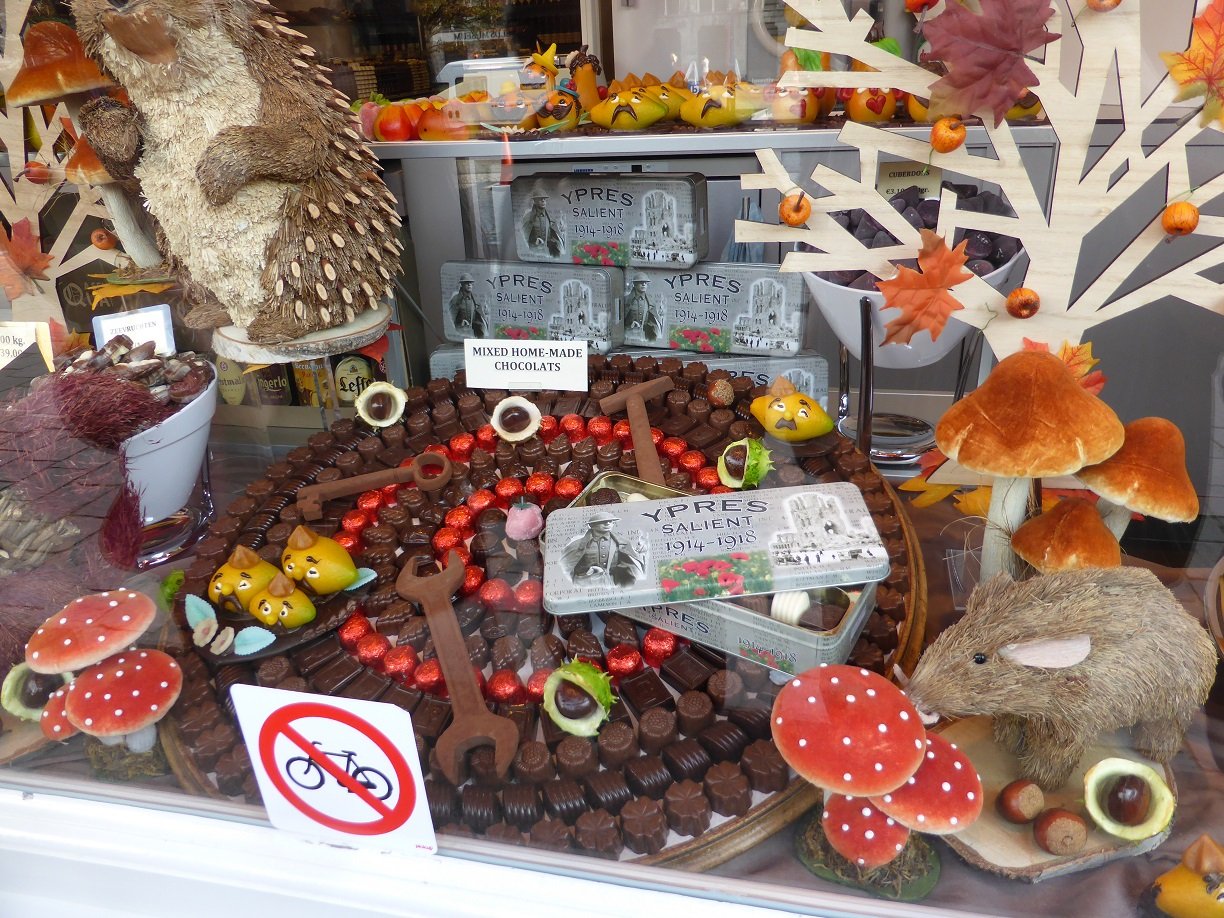 Chocolate shops were plentiful each with decorative window displays trying to lure you in. This one did and we bought a box.